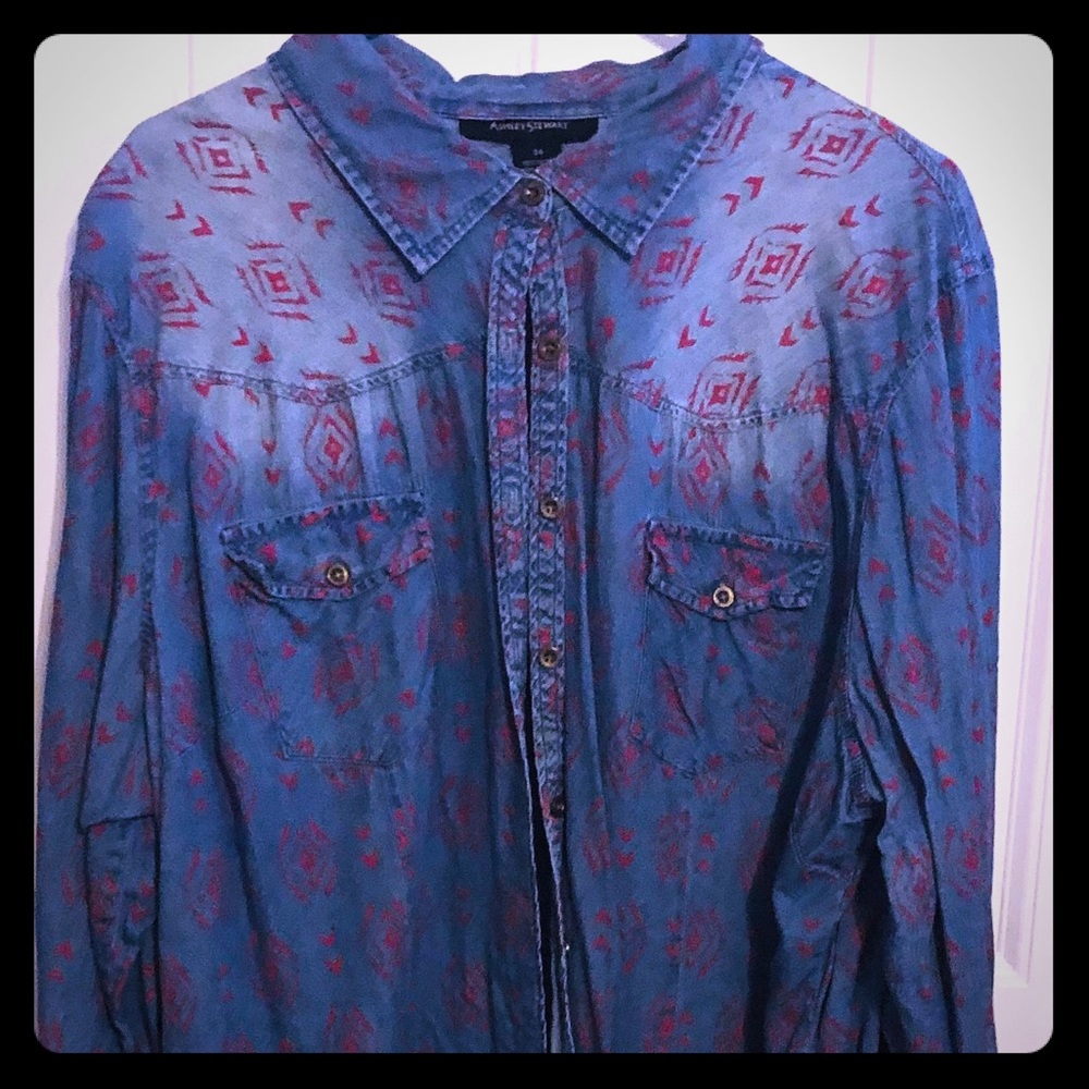 Denim button up shirt with designs